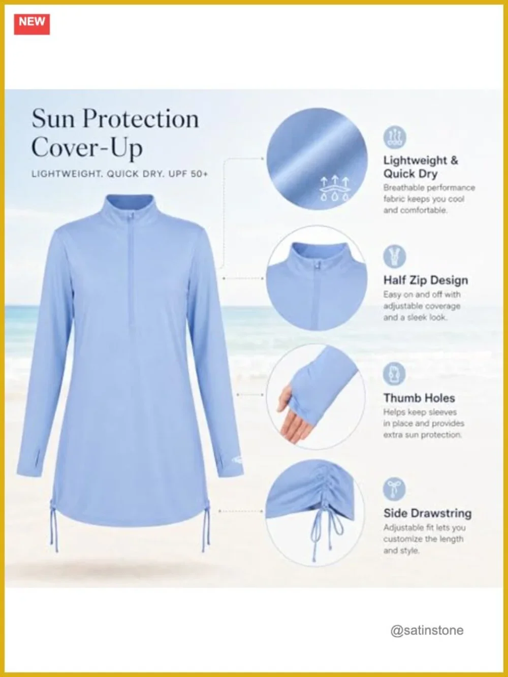 UPF 50+ Sun Protection Quick Dry Coverup Dress with Thumb Holes
